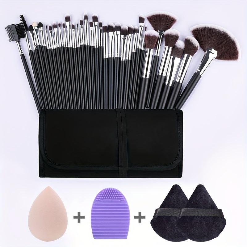 Complete 32Pcs Makeup Brush Set with 2 Triangle Velvet Powder Puffs