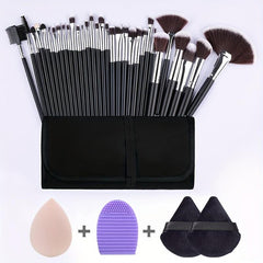 Complete 32Pcs Makeup Brush Set with 2 Triangle Velvet Powder Puffs