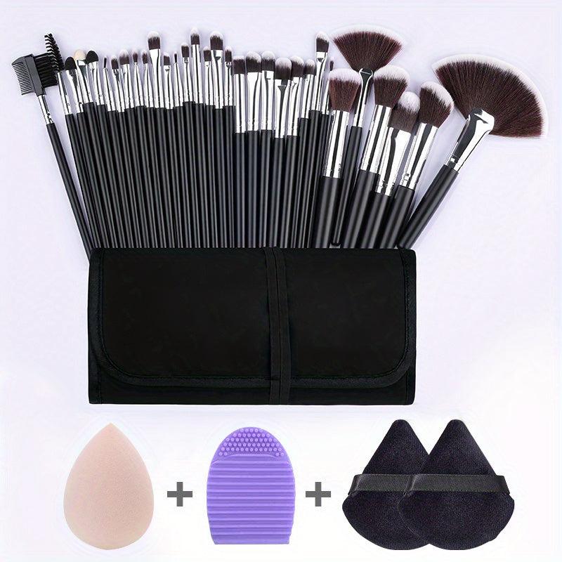Complete 32Pcs Makeup Brush Set with 2 Triangle Velvet Powder Puffs