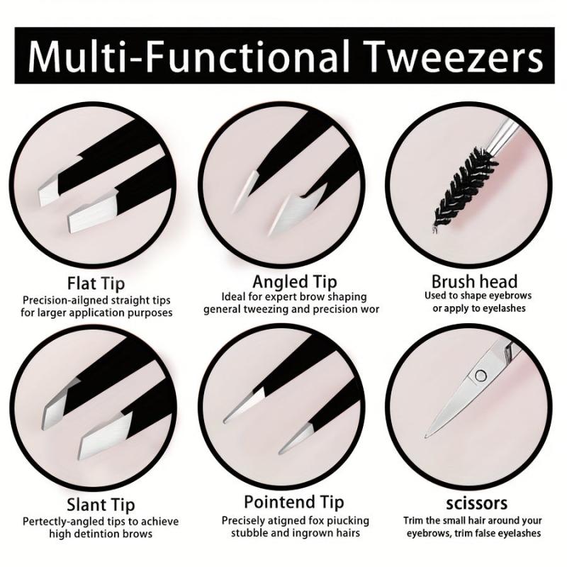 6pc Stainless Steel Tweezers Set for Eyebrows Facial Hair Splinter