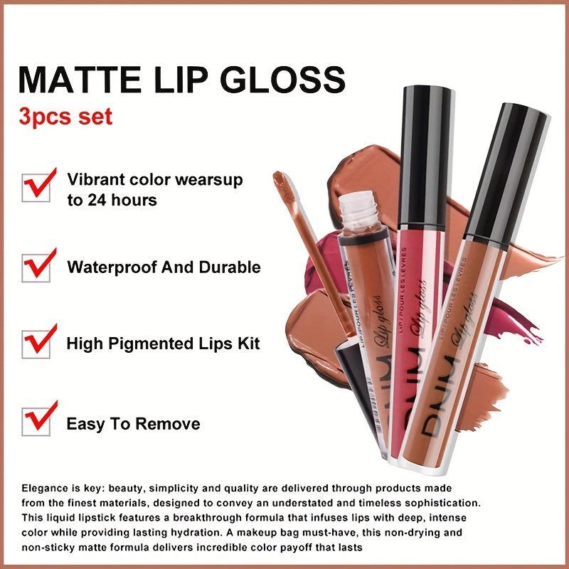 3pcs Matte Liquid Lipstick Set Dark Red Brown Smudge Proof Makeup