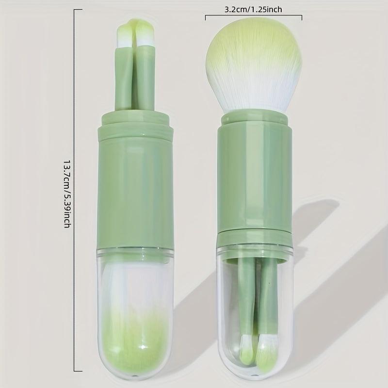 4 In 1 Retractable Makeup Brush Set Holder Portable Cosmetic Brushes Green