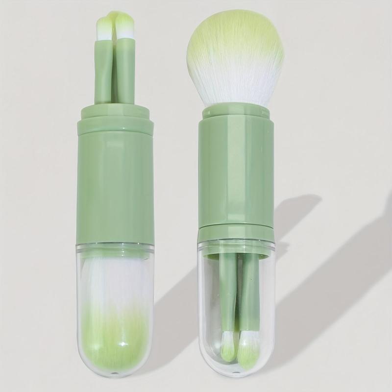 4 In 1 Retractable Makeup Brush Set Holder Portable Cosmetic Brushes Green