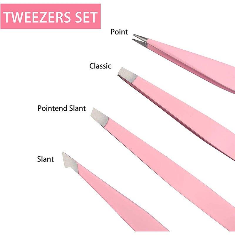 4pcs Stainless Steel Tweezers Set for Eyebrows & Facial Hair Removal