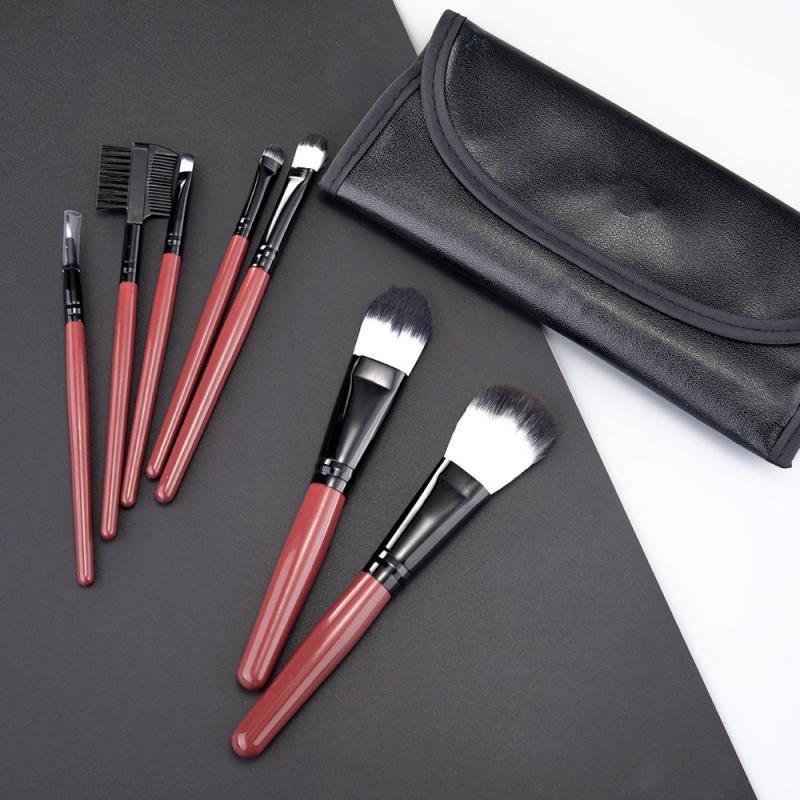 7pcs Red Makeup Brush Kit Portable Case Professional Foundation Powder Concealer