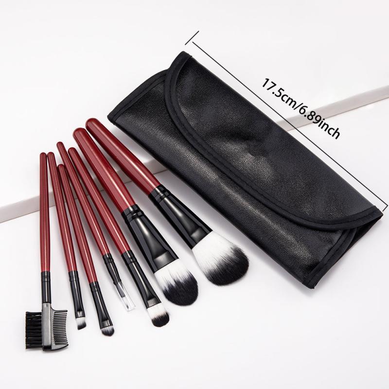 7pcs Red Makeup Brush Kit Portable Case Professional Foundation Powder Concealer