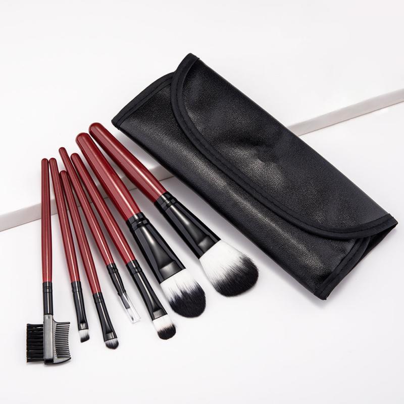 7pcs Red Makeup Brush Kit Portable Case Professional Foundation Powder Concealer