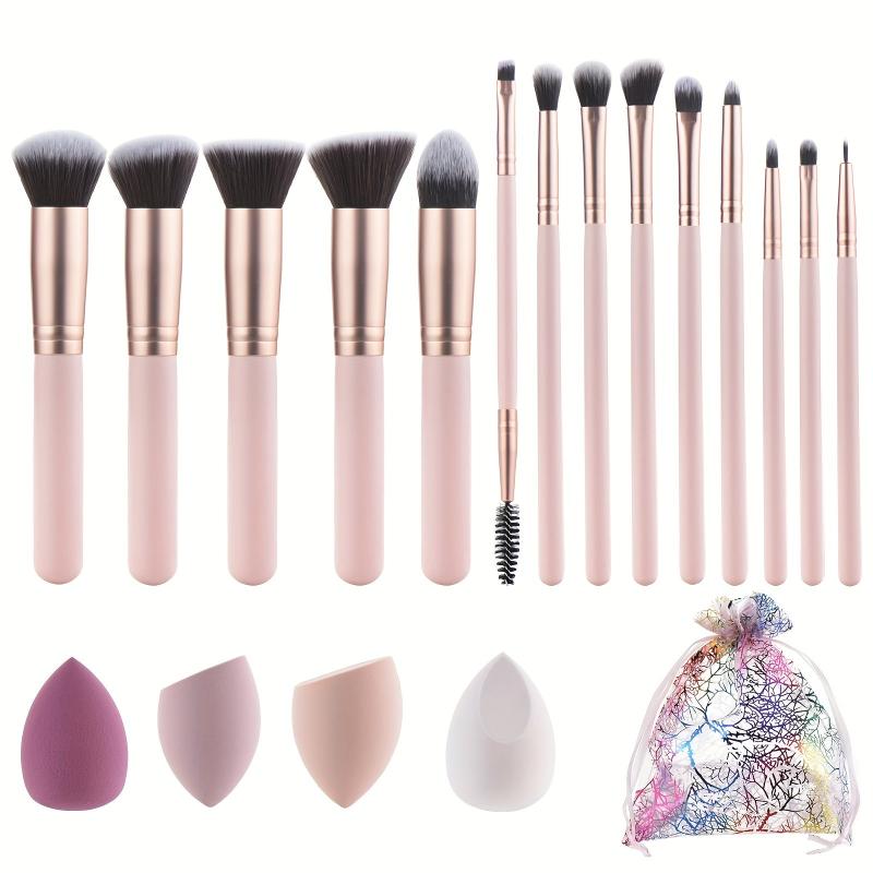 14pcs Makeup Brush Set Wooden Handles Sponge Bag Essential Beauty Tool