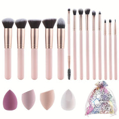 14pcs Makeup Brush Set Wooden Handles Sponge Bag Essential Beauty Tool