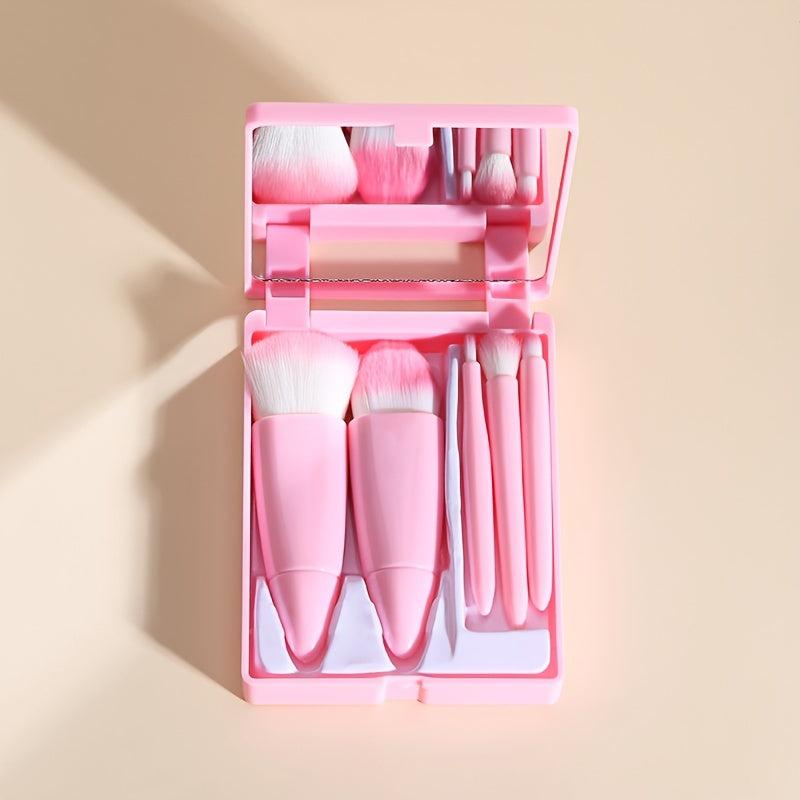 5pcs Portable Makeup Brush Set with Mirror & Storage Box