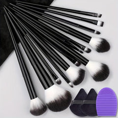 13pcs Makeup Brushes Set & 2pcs Velvet Puff & 1pc Cleaner Pad Mat