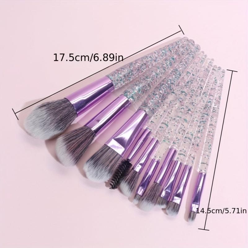10pcs Crystal Handle Makeup Brush Set - Synthetic Bristles Kabuki Foundation Fac