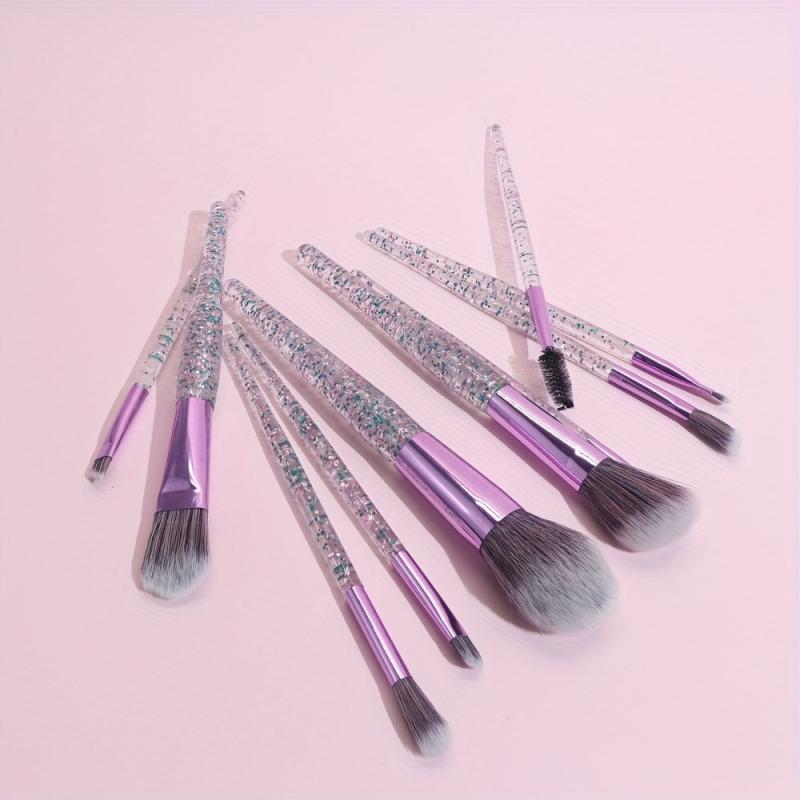 10pcs Crystal Handle Makeup Brush Set - Synthetic Bristles Kabuki Foundation Fac