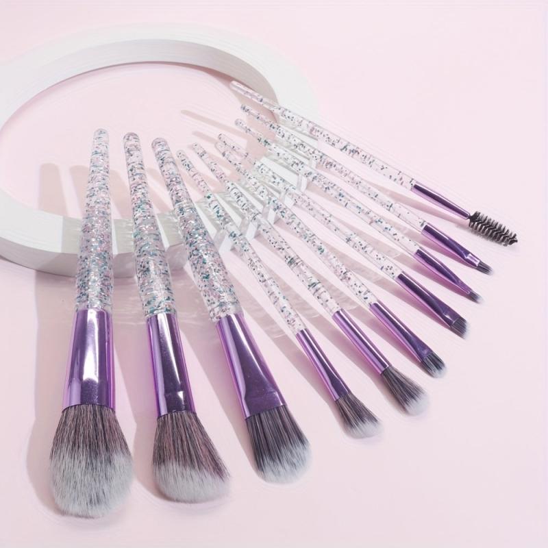 10pcs Crystal Handle Makeup Brush Set - Synthetic Bristles Kabuki Foundation Fac