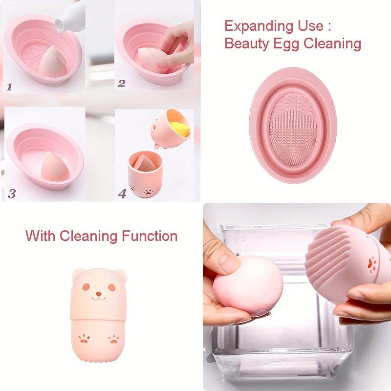 Portable Brush Cleaner & Storage Case Set Silicone Makeup Washing Tool Green
