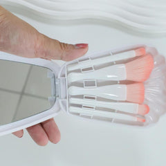 Travel Size Makeup Brush Set with Mirror - Green/Pink