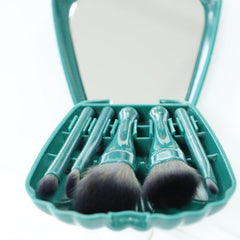 Travel Size Makeup Brush Set with Mirror - Green/Pink