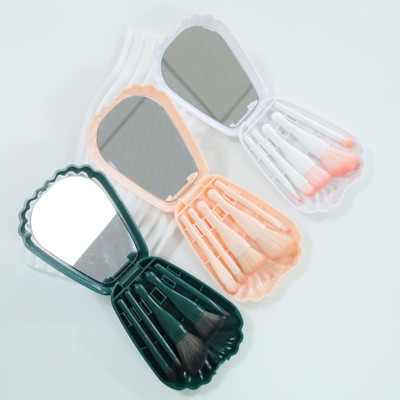 Travel Size Makeup Brush Set with Mirror - Green/Pink