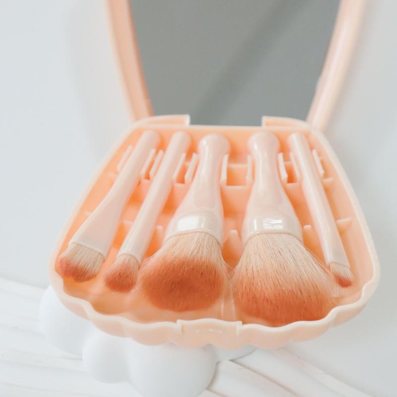 Travel Size Makeup Brush Set with Mirror - Green/Pink