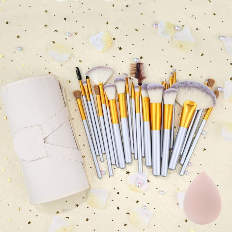 24Pcs Makeup Brushes Set With 2Pcs Powder Puff Or Sponge For Cosmetics