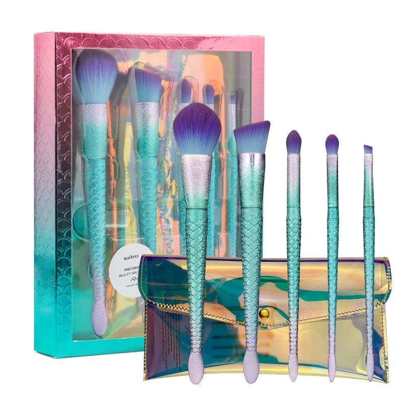5 PCS Mermaid Makeup Brushes Kit Green Handle Eyeshadow Foundation Eyeliner