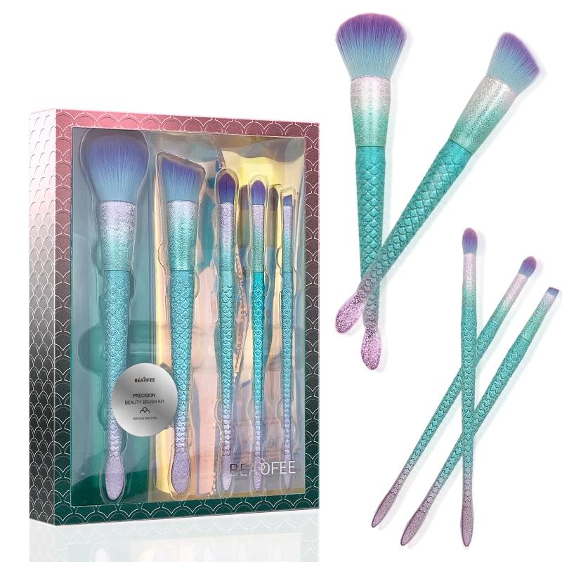5 PCS Mermaid Makeup Brushes Kit Green Handle Eyeshadow Foundation Eyeliner