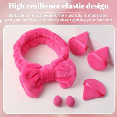 6pcs Rose Red Makeup Tool Set With Hair Band, Powder Puffs, Makeup Eggs