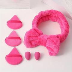 6pcs Rose Red Makeup Tool Set With Hair Band, Powder Puffs, Makeup Eggs