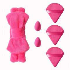 6pcs Rose Red Makeup Tool Set With Hair Band, Powder Puffs, Makeup Eggs