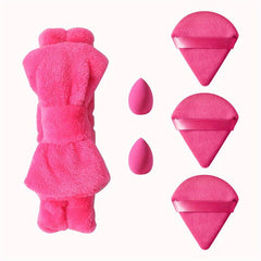 6pcs Rose Red Makeup Tool Set With Hair Band, Powder Puffs, Makeup Eggs