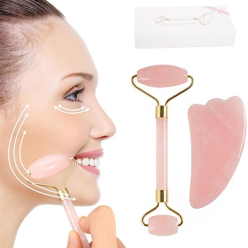 Rose Quartz Jade Roller & Gua Sha Massage Set