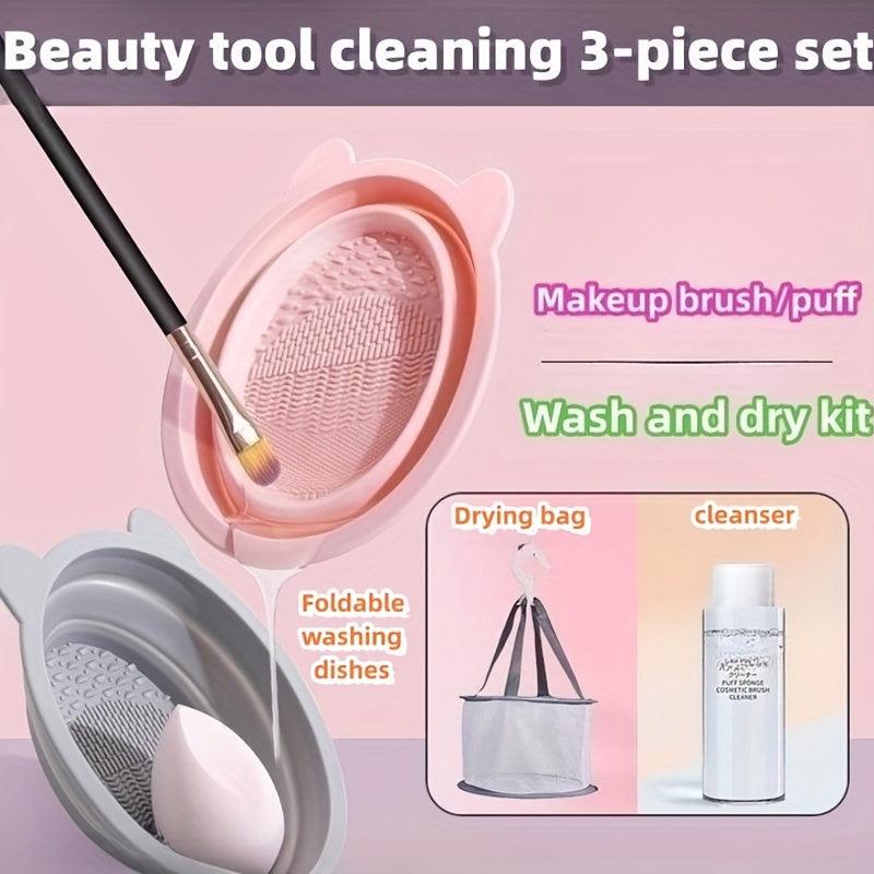 3pcs Makeup Brush Cleaning Mat & Hanging Drying Net Set