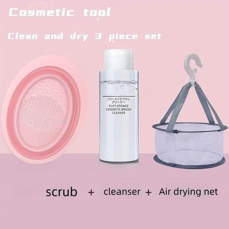 3pcs Makeup Brush Cleaning Set: Mat, Drying Net, Cleanser