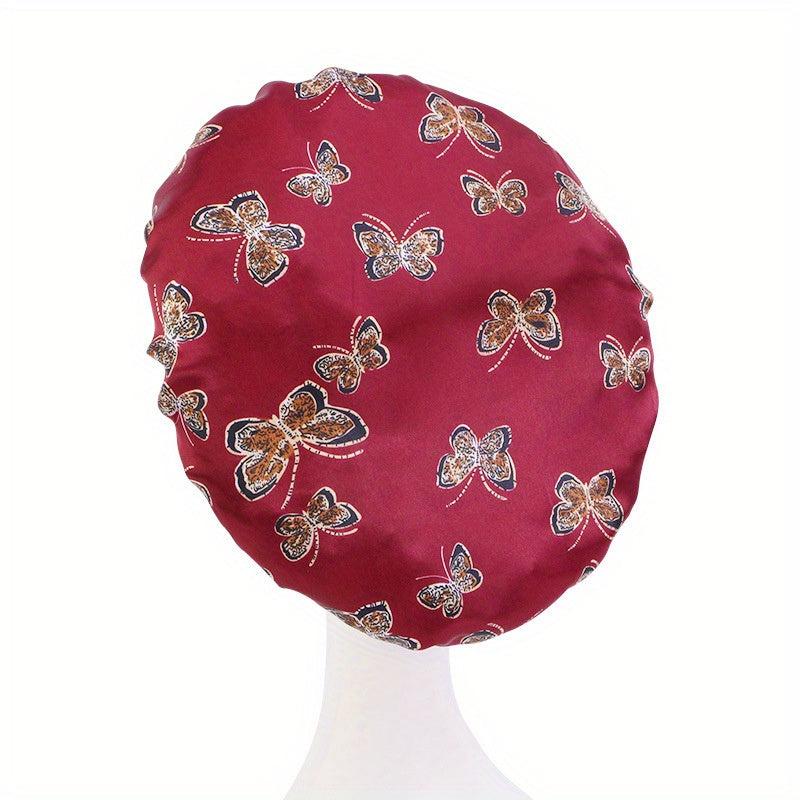Butterfly Pattern Satin Bonnet with Wide Elastic Band