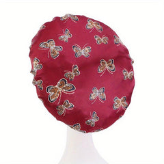 Butterfly Pattern Satin Bonnet with Wide Elastic Band