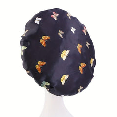Butterfly Pattern Satin Bonnet with Wide Elastic Band