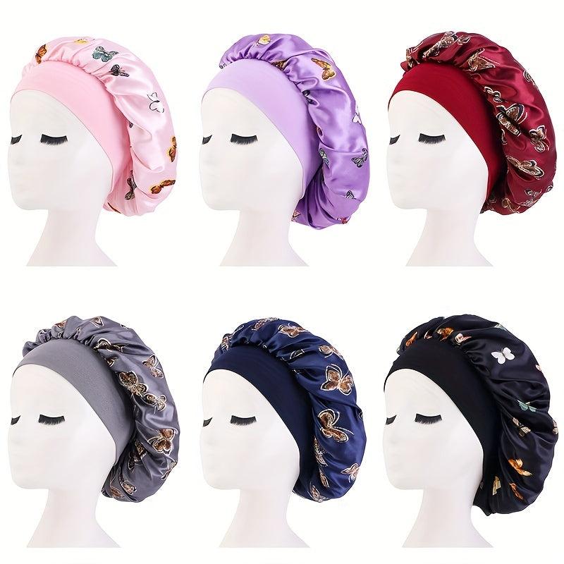 Butterfly Pattern Satin Bonnet with Wide Elastic Band
