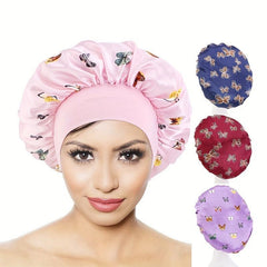 Butterfly Pattern Satin Bonnet with Wide Elastic Band