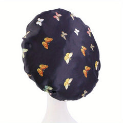 Butterfly Pattern Satin Bonnet with Wide Elastic Band