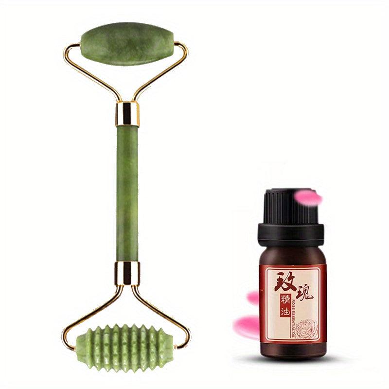 Rose Quartz Jade Roller and Gua Sha Set with Rose Essential