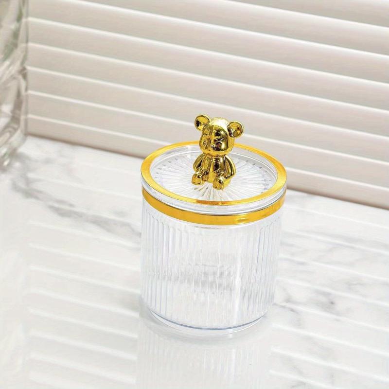 Acrylic Bear Q Tip Holder with Lid for Bathroom Counter Organization