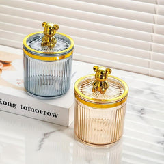 Acrylic Bear Q Tip Holder with Lid for Bathroom Counter Organization