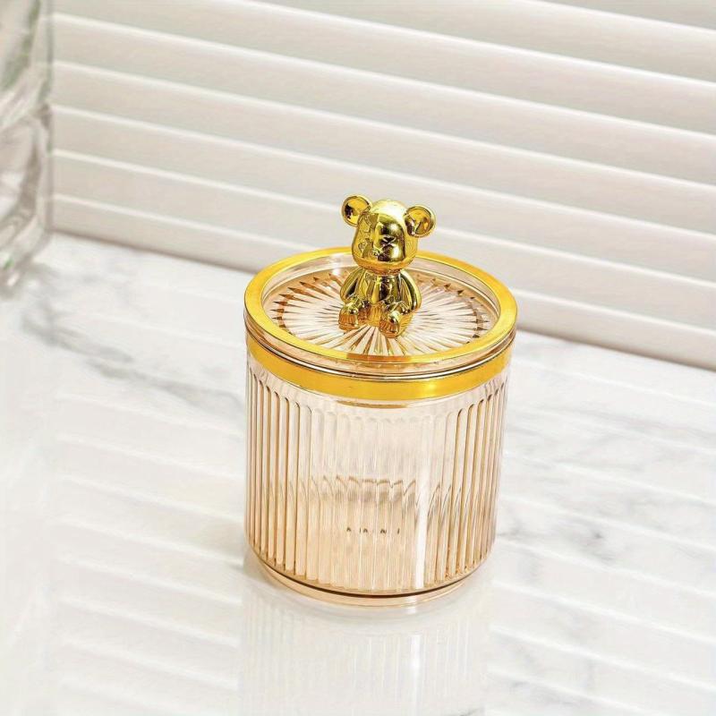 Acrylic Bear Q Tip Holder with Lid for Bathroom Counter Organization