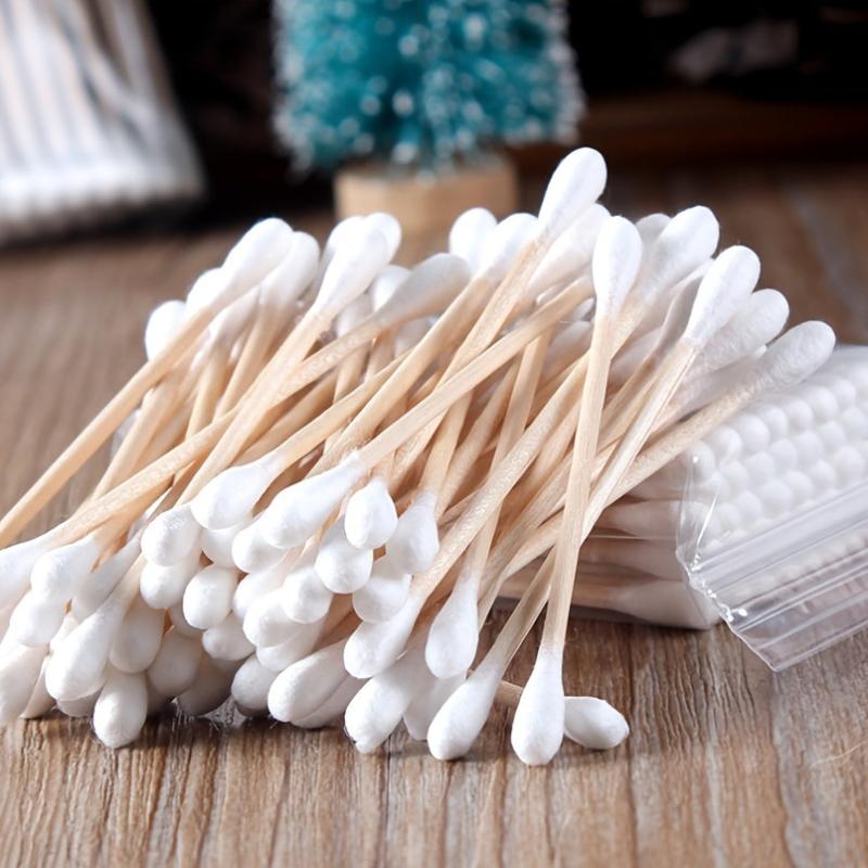 50 Pcs Disposable Cotton Swabs Double Head Wooden Sticks