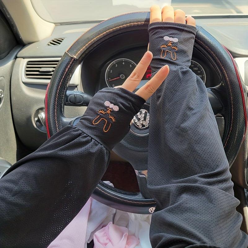 2 Pcs Adorable Rabbit Embroidered Car Sun Protection Arm Sleeves