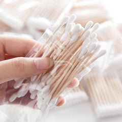 100pcs Disposable Cotton Swabs Double Round Tip Wooden Stick