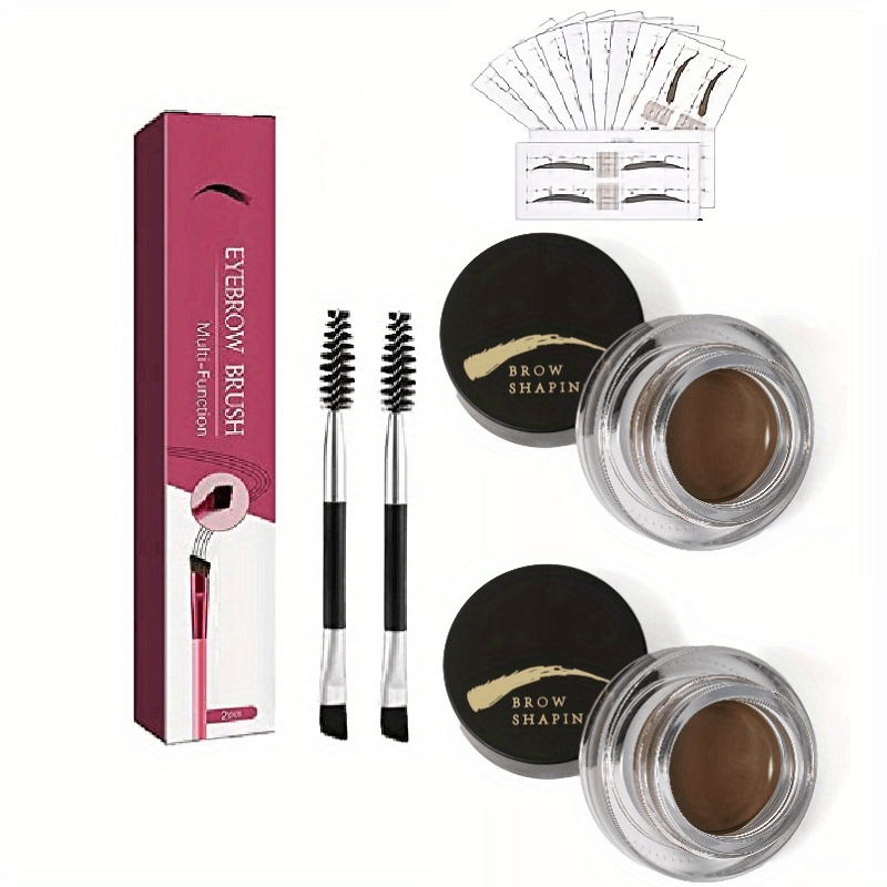 2pcs Eyebrow Pomade With Brush + 2 Pcs Eyebrow Gel Brush + 10pcs Eyebrow Stencil
