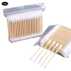 100 Swab Natural Double Round Tip Bud W/ Solid Wood Stick