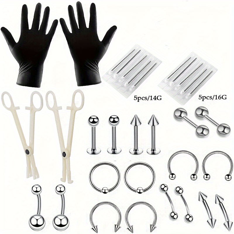 42 Pcs Body Piercing Kit - Nose, Ear, Lip, Eyebrow, Belly Button Jewelry Set