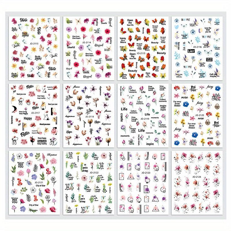 12 Pcs Flower Leaf Nail Art Stickers Self Adhesive Decals For DIY Or Salons